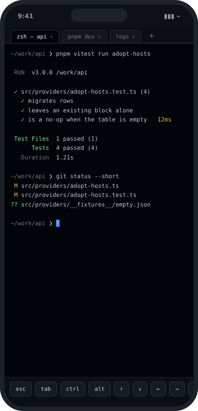 La pantalla de Terminal: un shell en el host ejecutando las pruebas del workspace, con el comando y su salida.