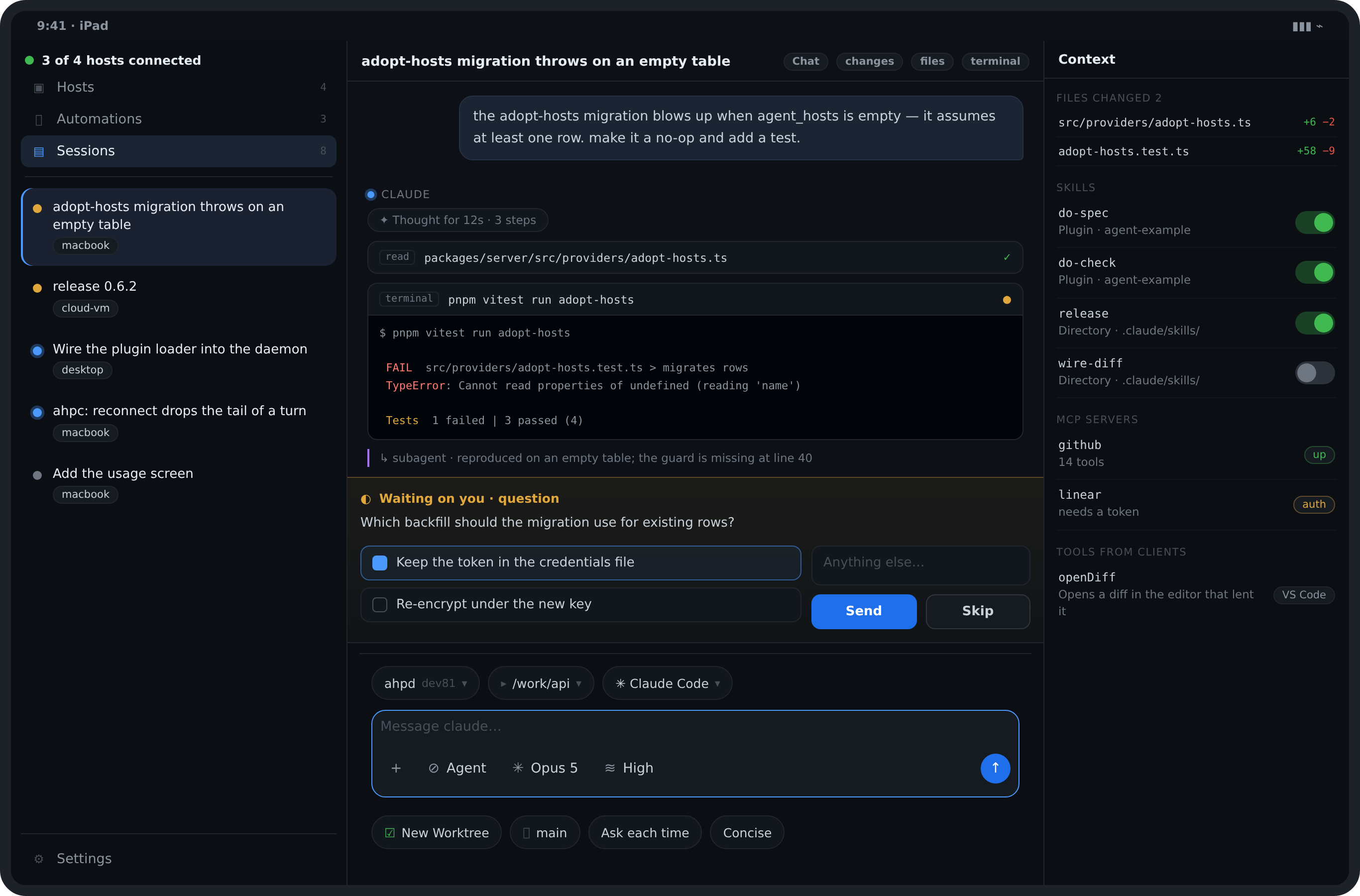 Una conversación en el diseño ancho: la transcripción, una pregunta esperando respuesta, el compositor y un panel de contexto con archivos cambiados, skills y servidores MCP.
